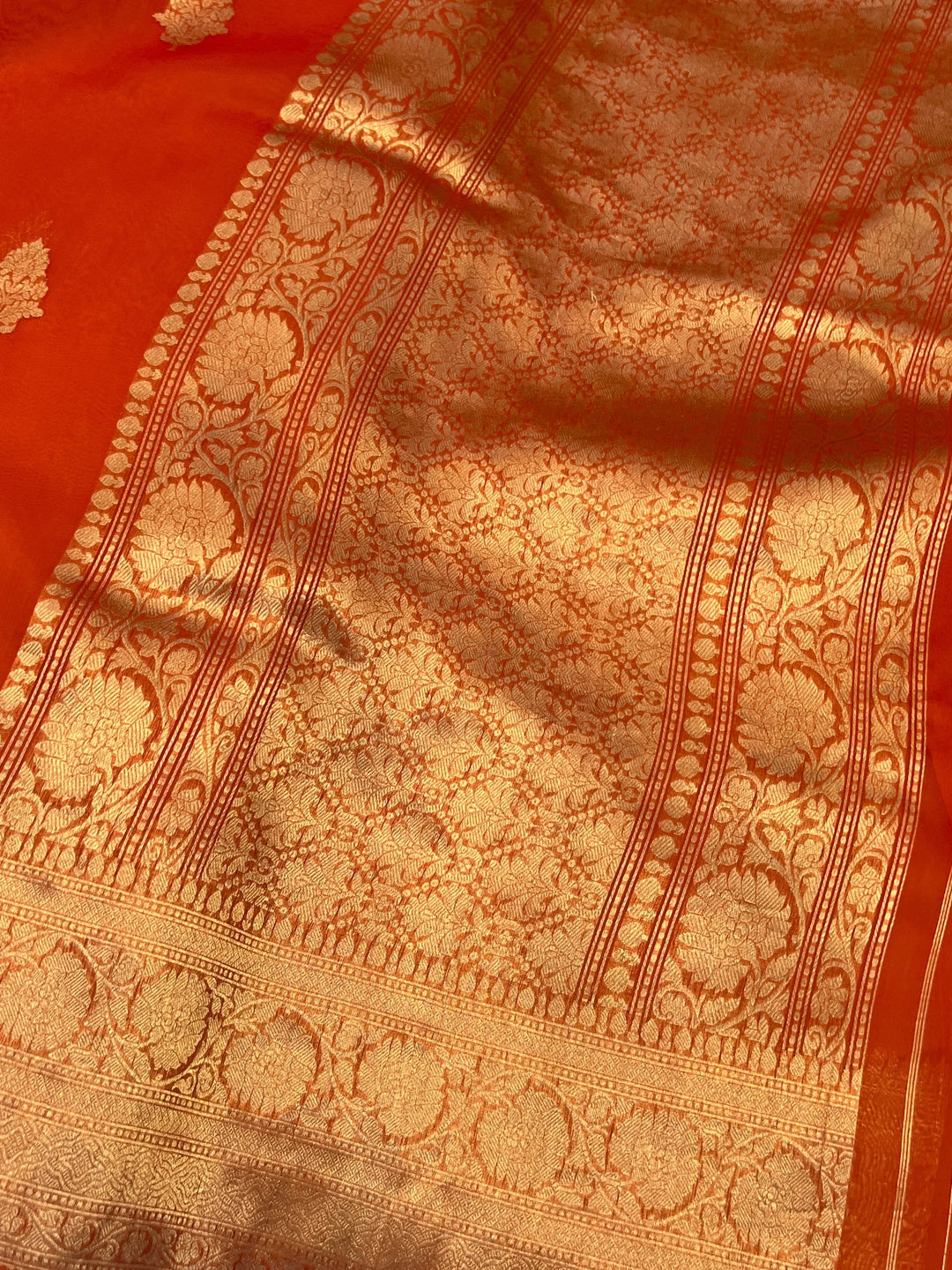 Orange Banarasi Handloom Kora Silk Saree
