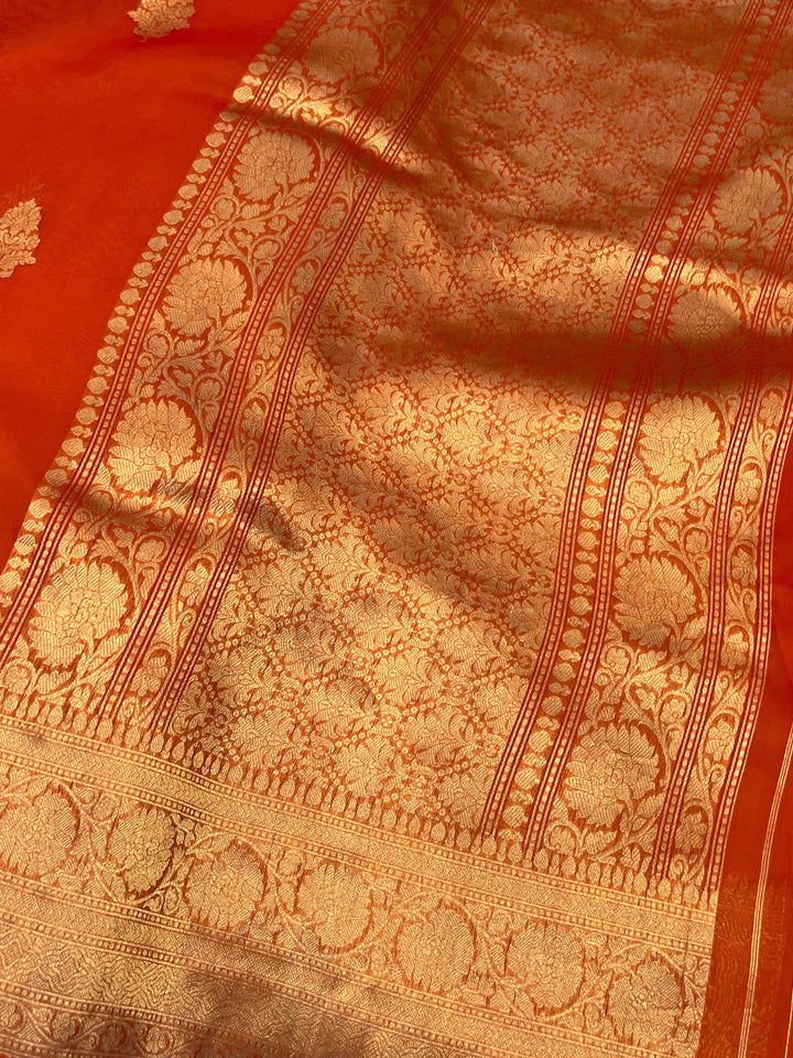 Orange Banarasi Handloom Kora Silk Saree