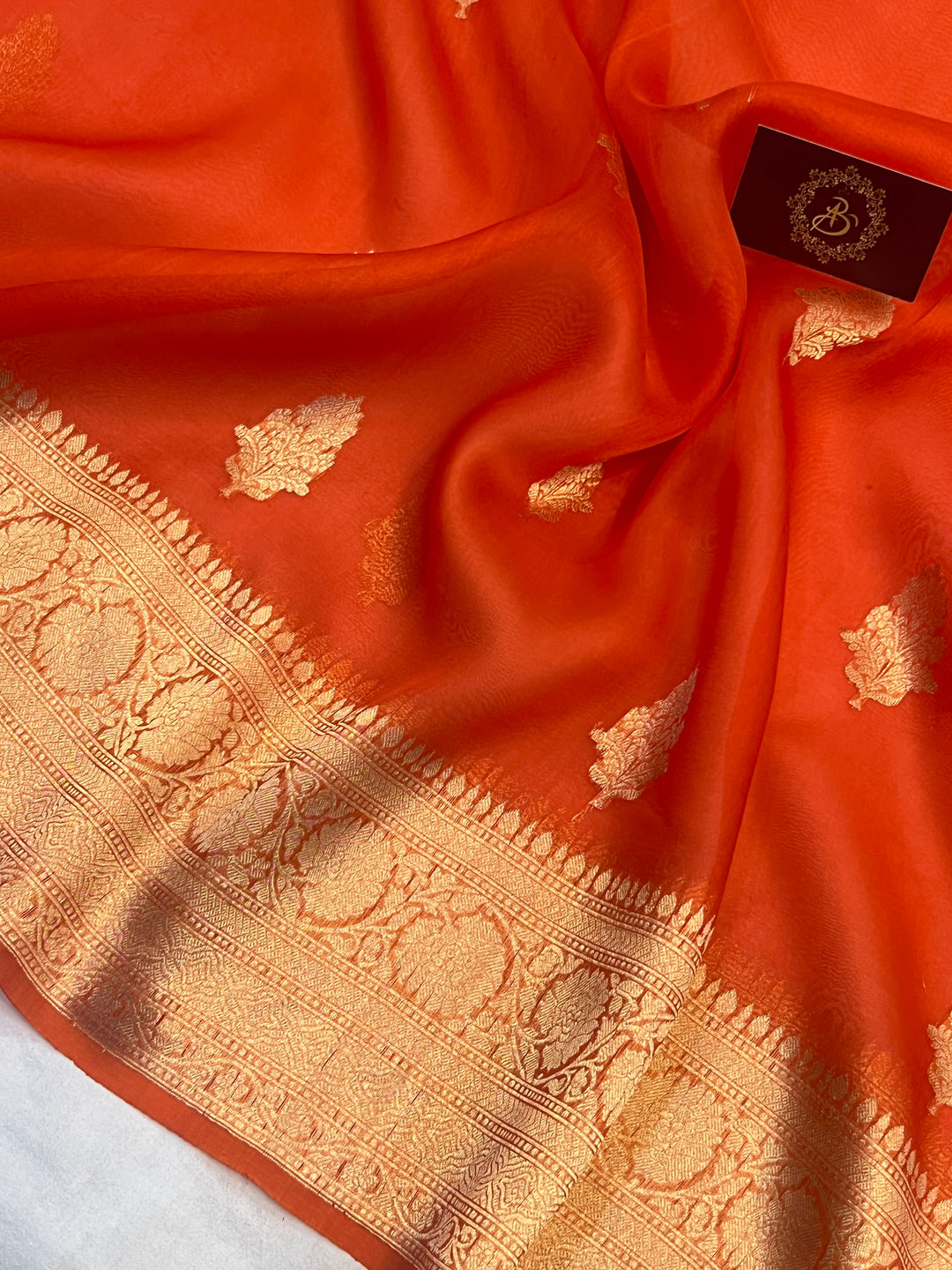 Orange Banarasi Handloom Kora Silk Saree