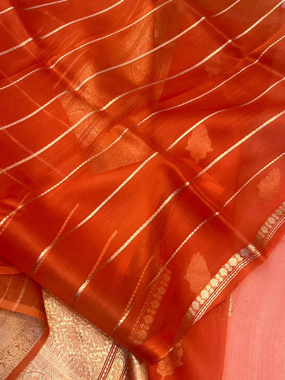 Orange Banarasi Handloom Kora Silk Saree