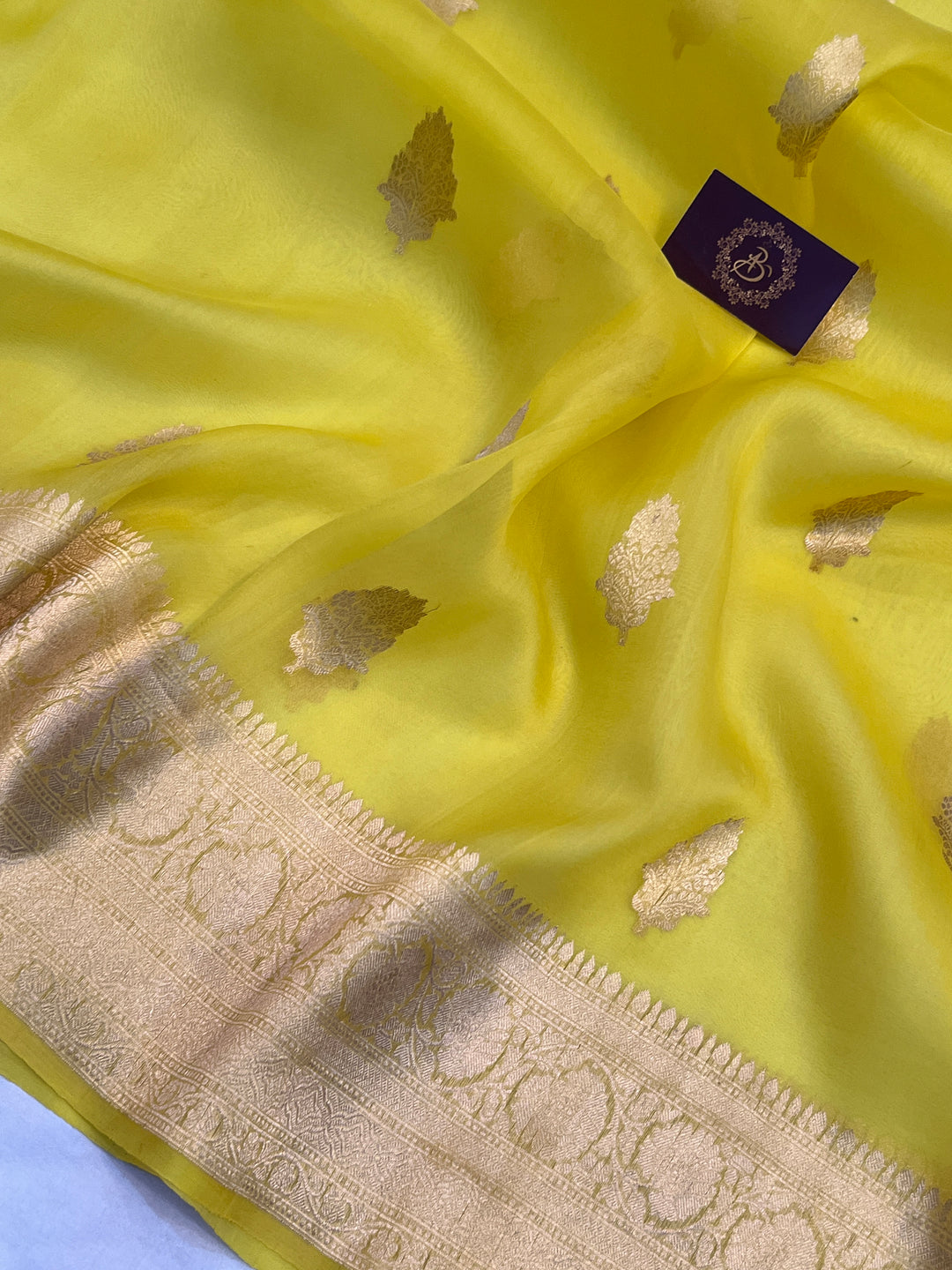 Lemon Yellow Banarasi Handloom Kora Silk Saree