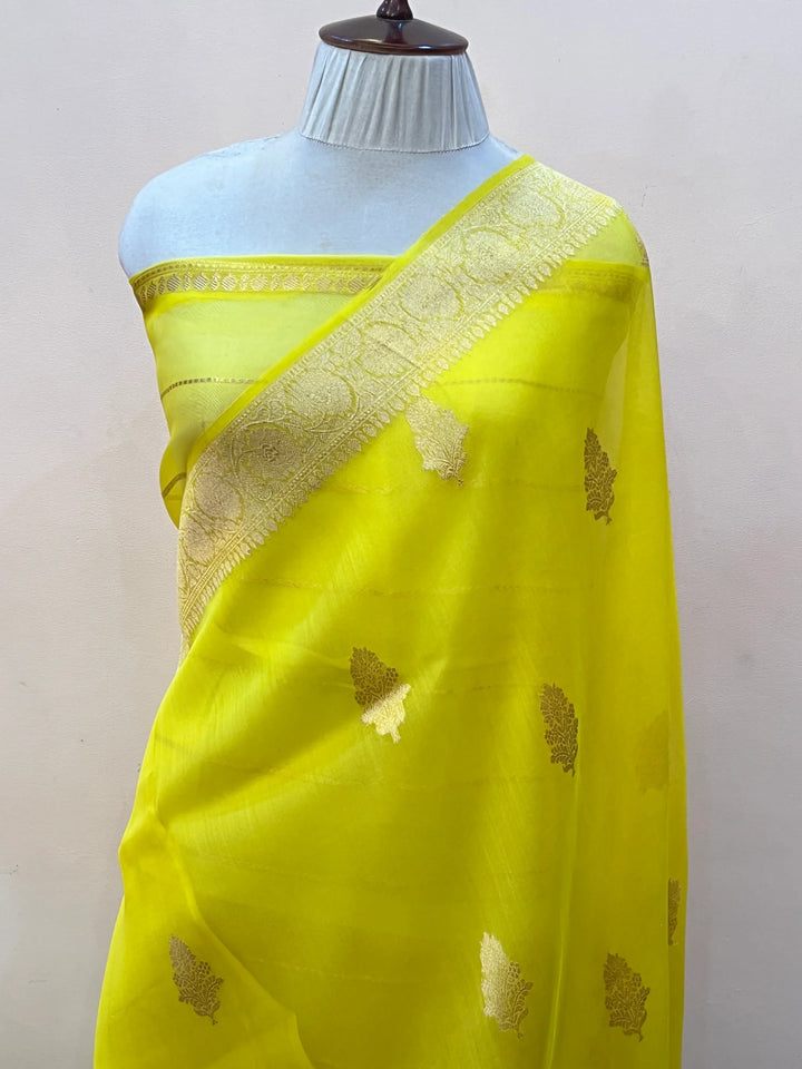 Lemon Yellow Banarasi Handloom Kora Silk Saree