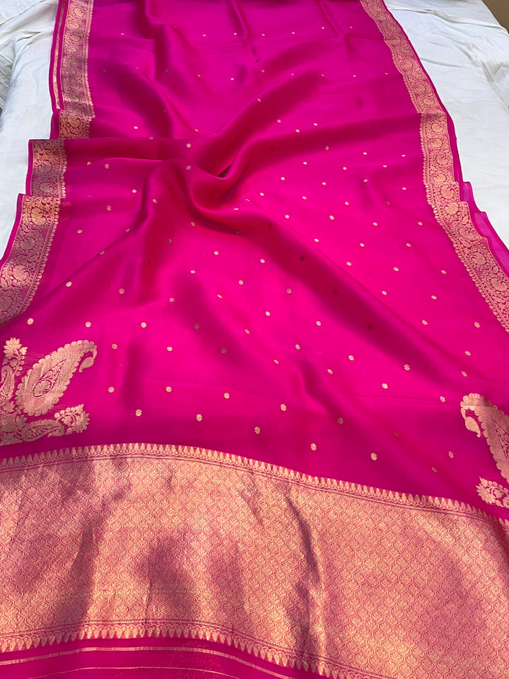 Hot Pink Kora Silk Banarasi Saree with Zari Butis & Konia
