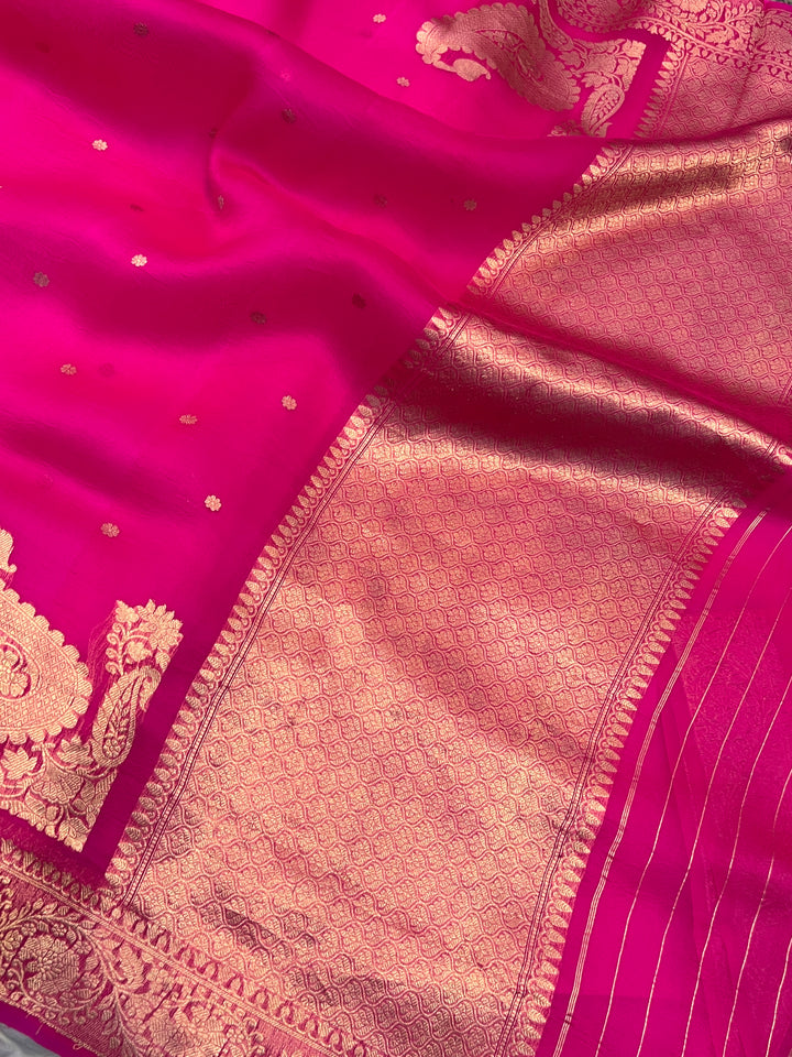 Hot Pink Kora Silk Banarasi Saree with Zari Butis & Konia