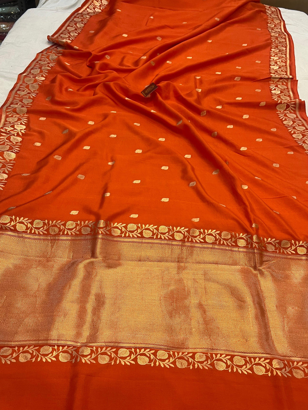 Orange Blue Banarasi Handloom Katan Silk Saree | Kadhwa Weave | Aura Benaras