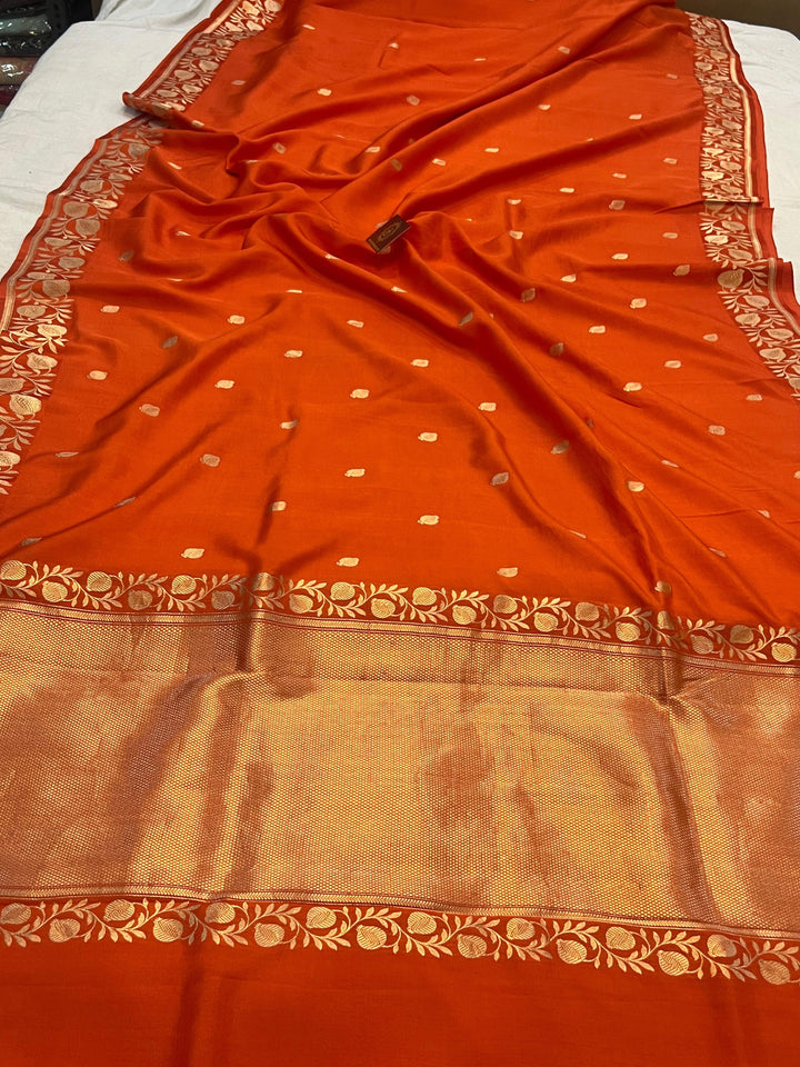 Orange Blue Banarasi Handloom Katan Silk Saree | Kadhwa Weave | Aura Benaras