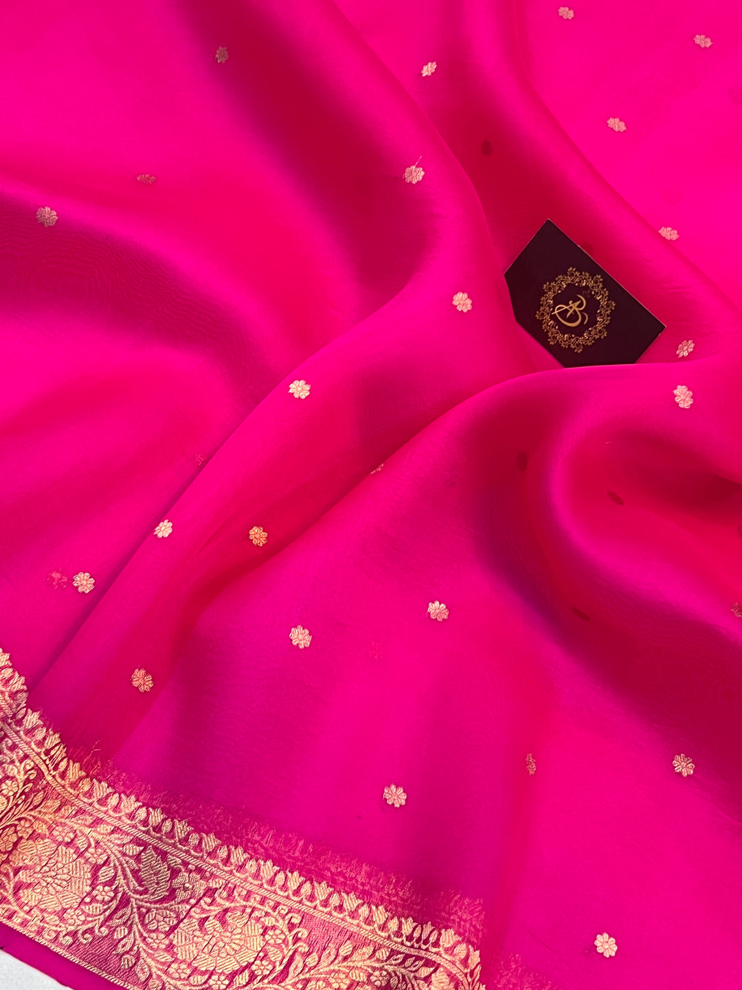 Hot Pink Kora Silk Banarasi Saree with Zari Butis & Konia