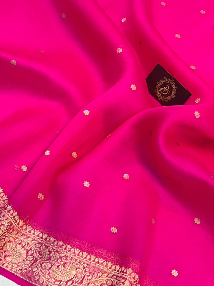 Hot Pink Kora Silk Banarasi Saree with Zari Butis & Konia
