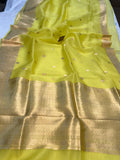 Lemon Yellow Banarasi Handloom Kora Silk Saree - Aura Benaras