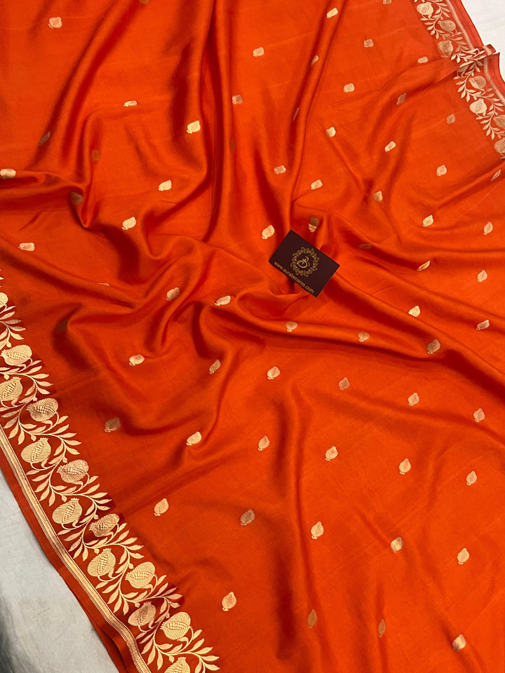 Orange Blue Banarasi Handloom Katan Silk Saree | Kadhwa Weave | Aura Benaras