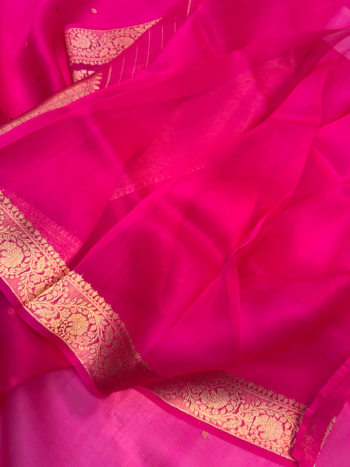 Hot Pink Kora Silk Banarasi Saree with Zari Butis & Konia