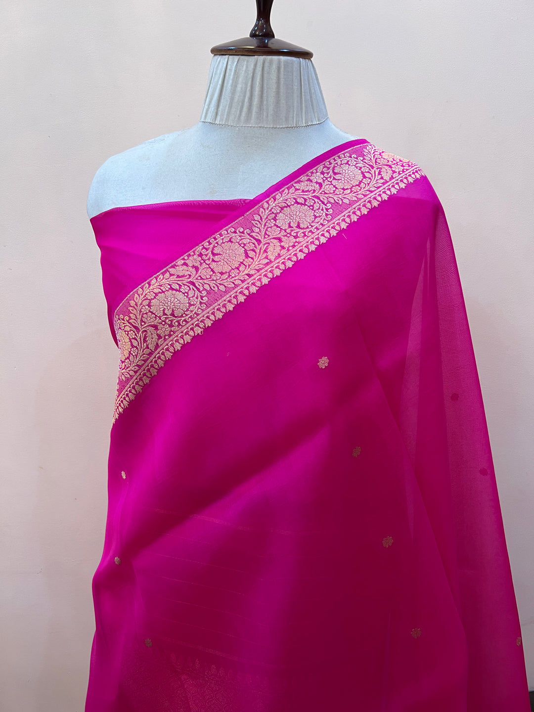 Hot Pink Kora Silk Banarasi Saree with Zari Butis & Konia