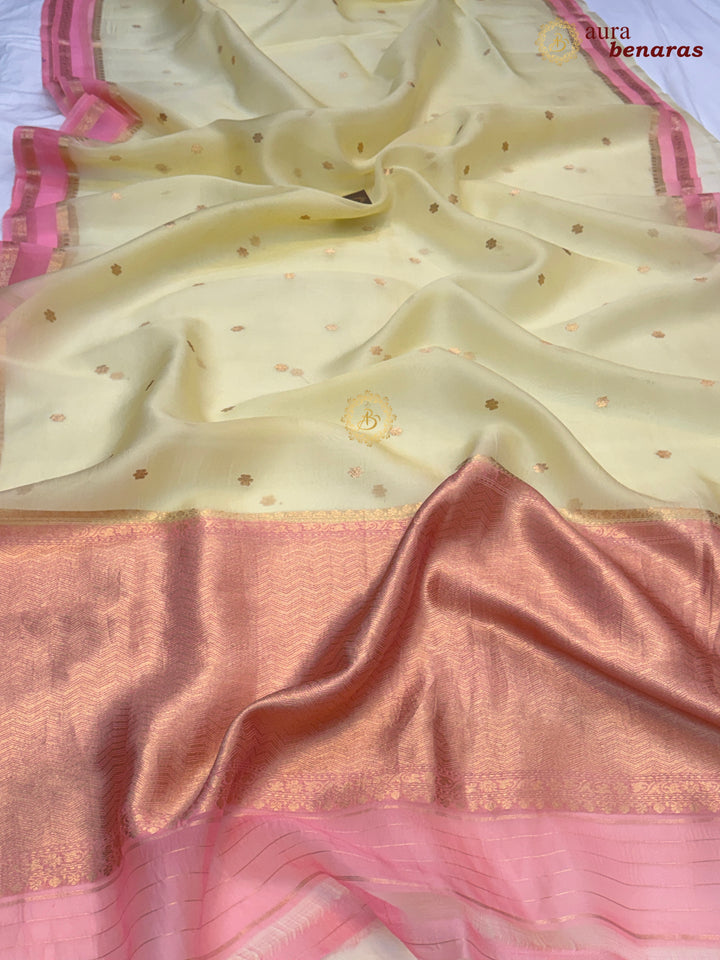 Pastel Yellow Banarasi Handloom Kora Silk Saree - Aura Benaras
