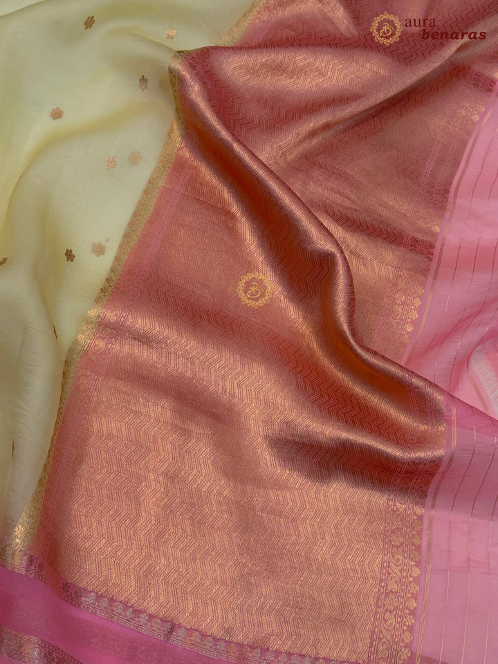 Pastel Yellow Banarasi Handloom Kora Silk Saree - Aura Benaras
