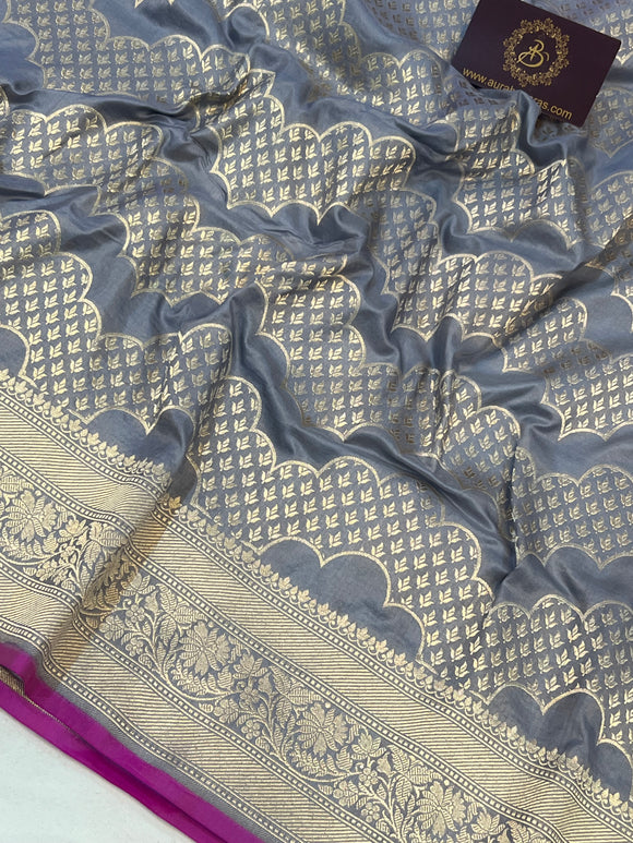 Pastel Grey Pure Banarasi Handloom Katan Silk Saree - Aura Benaras