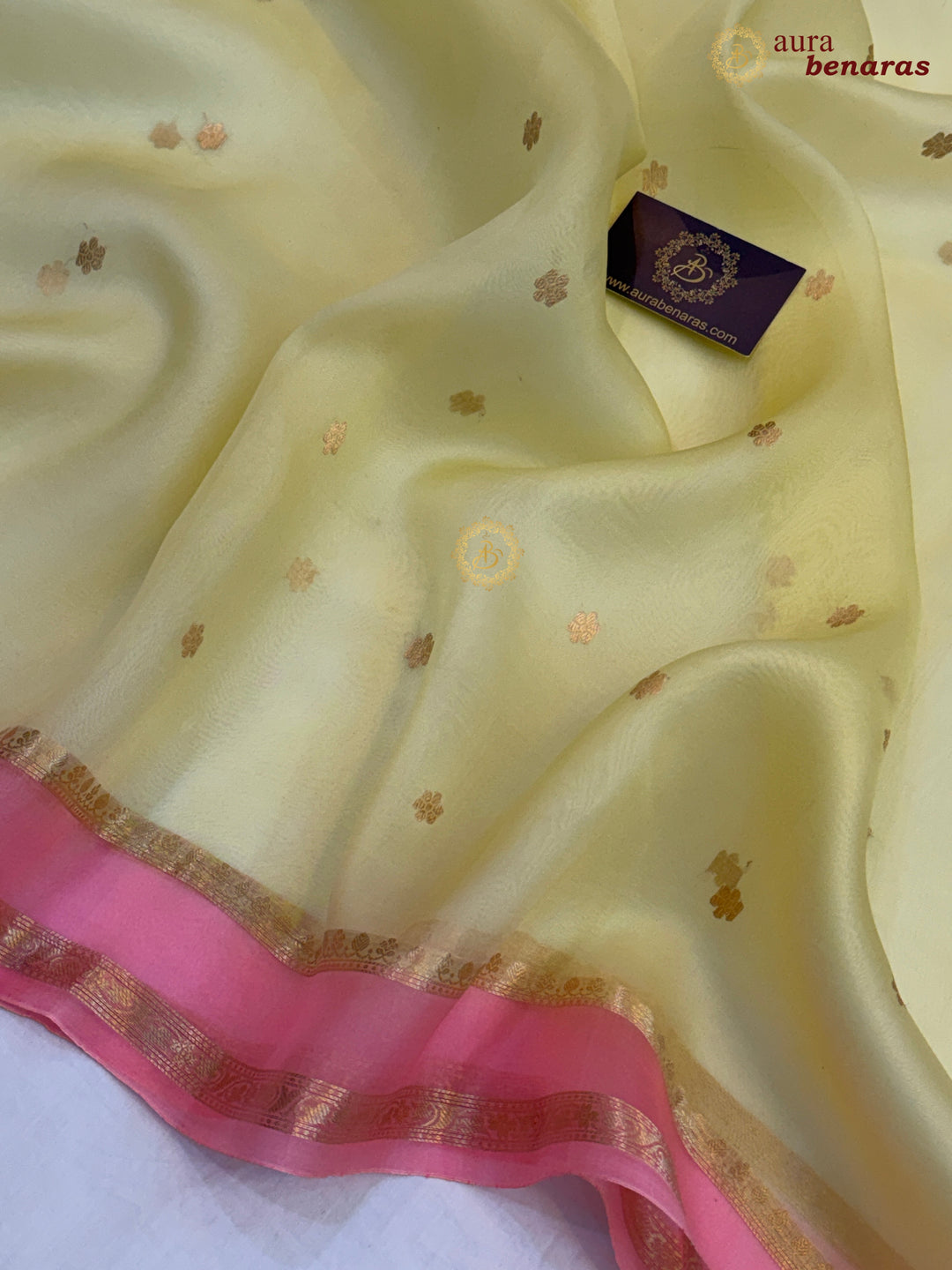 Pastel Yellow Banarasi Handloom Kora Silk Saree - Aura Benaras