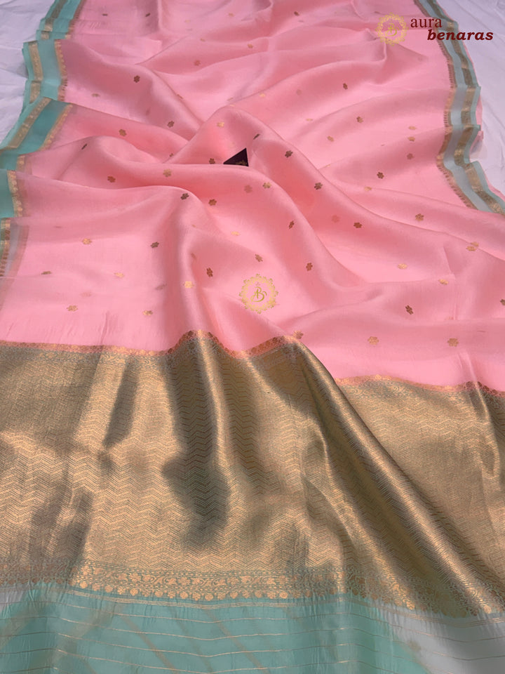 Baby Pink Banarasi Handloom Kora Silk Saree - Aura Benaras