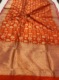 Bright Orange Pure Banarasi Handloom Katan Silk Saree - Aura Benaras