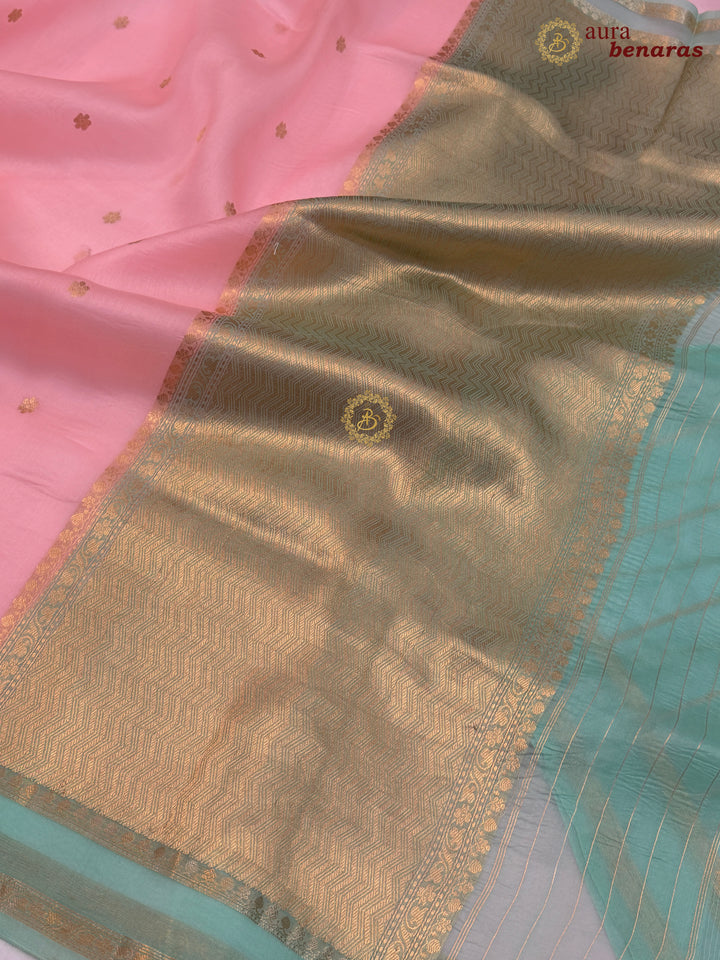Baby Pink Banarasi Handloom Kora Silk Saree - Aura Benaras