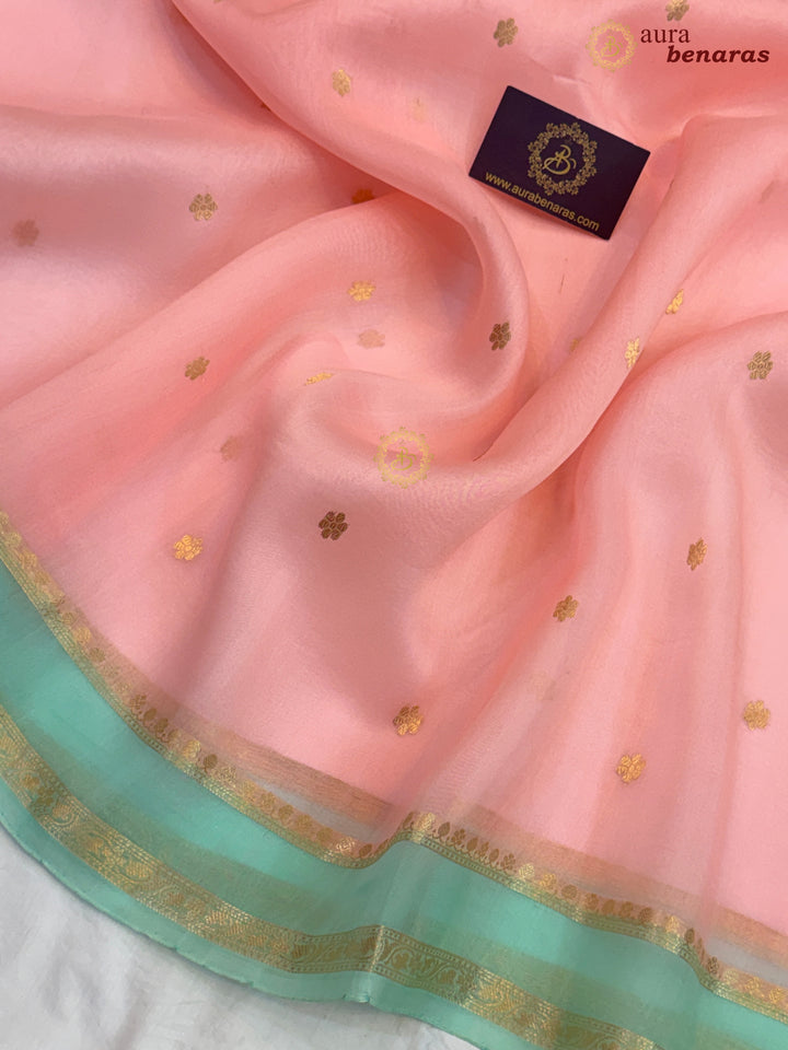 Baby Pink Banarasi Handloom Kora Silk Saree - Aura Benaras