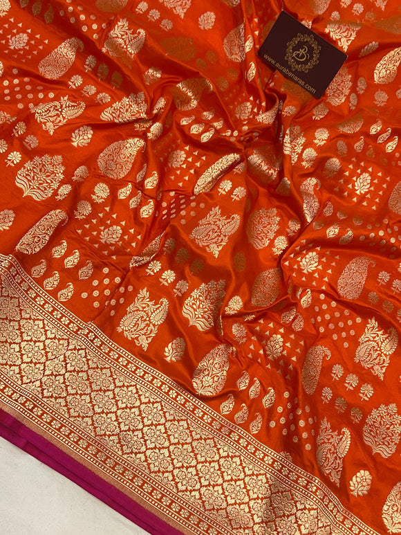 Bright Orange Pure Banarasi Handloom Katan Silk Saree - Aura Benaras