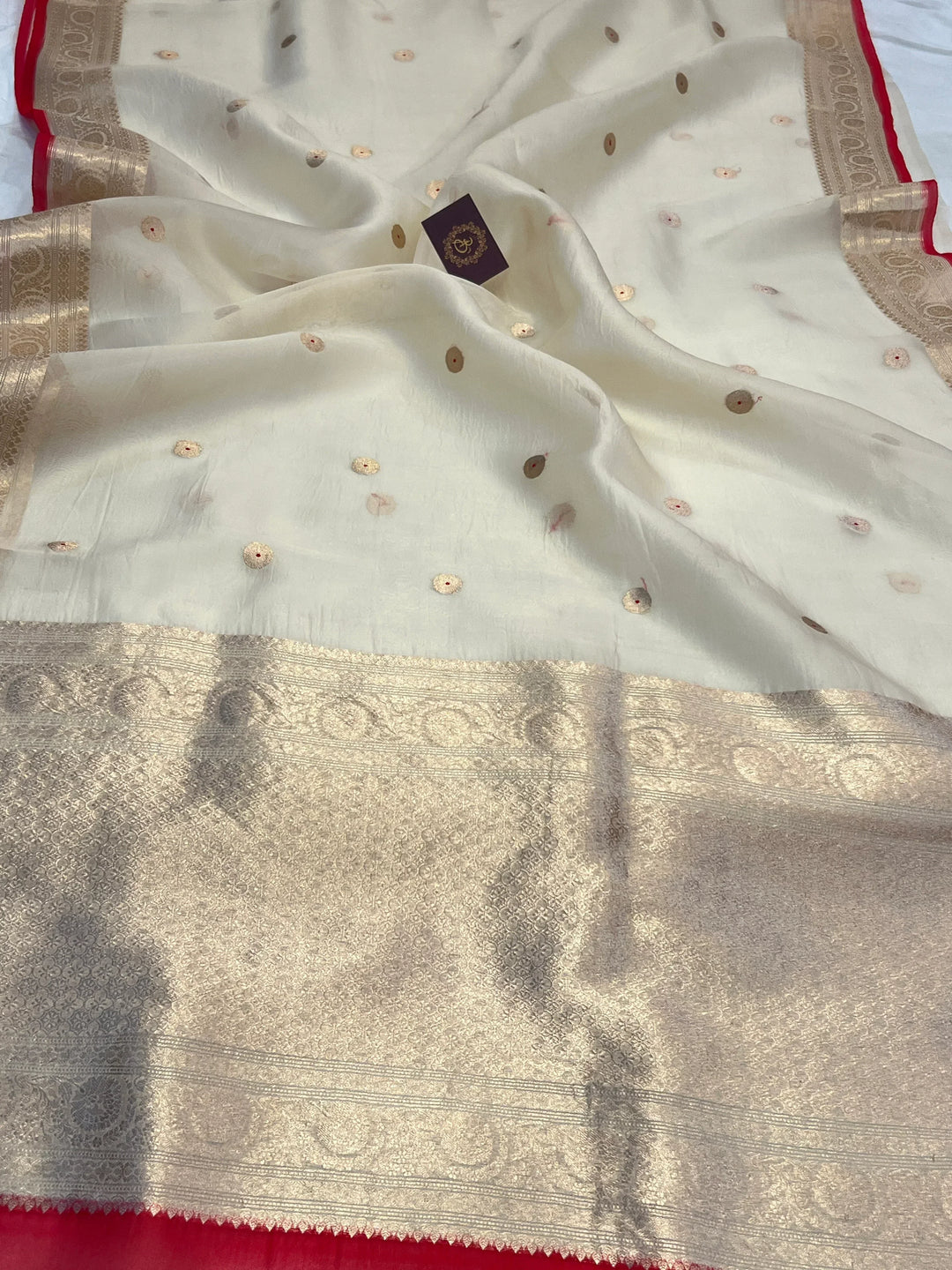 Cream Kora Silk Banarasi Saree with Kadhwa Zari 