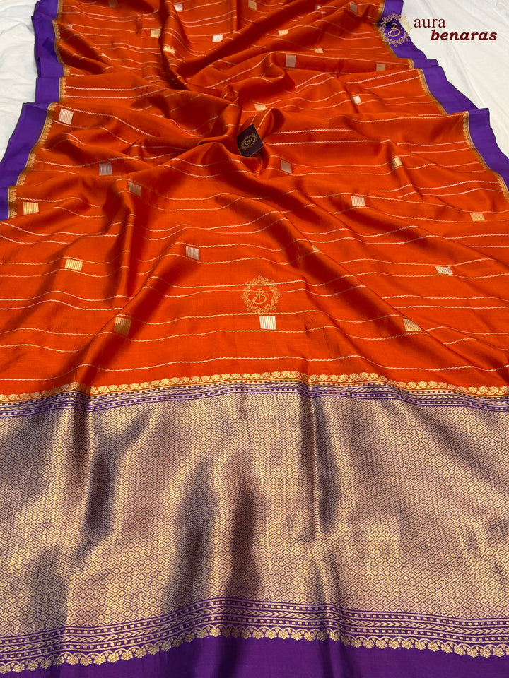 Orange Pure Banarasi Handloom Silk Sari - AuraBenaras