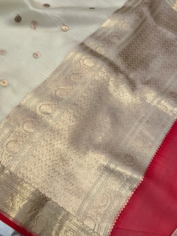 Cream Kora Silk Banarasi Saree with Kadhwa Zari 