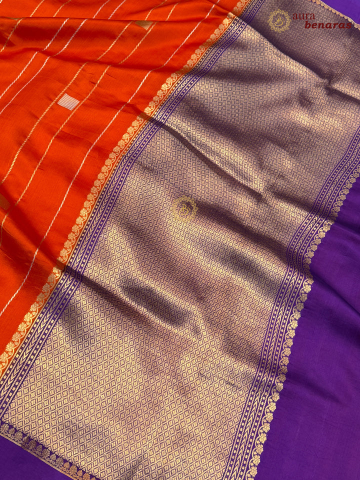 Orange Pure Banarasi Handloom Silk Sari - AuraBenaras