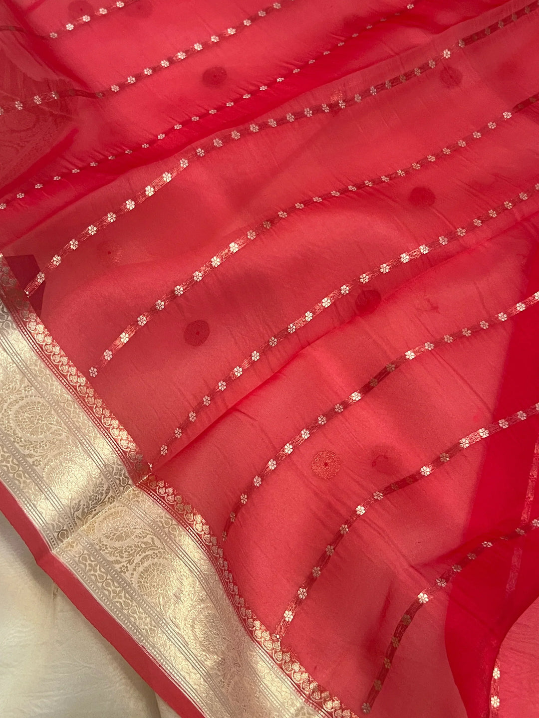 Cream Kora Silk Banarasi Saree with Kadhwa Zari 