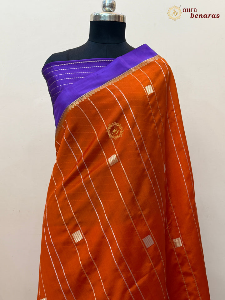 Orange Pure Banarasi Handloom Silk Sari - AuraBenaras
