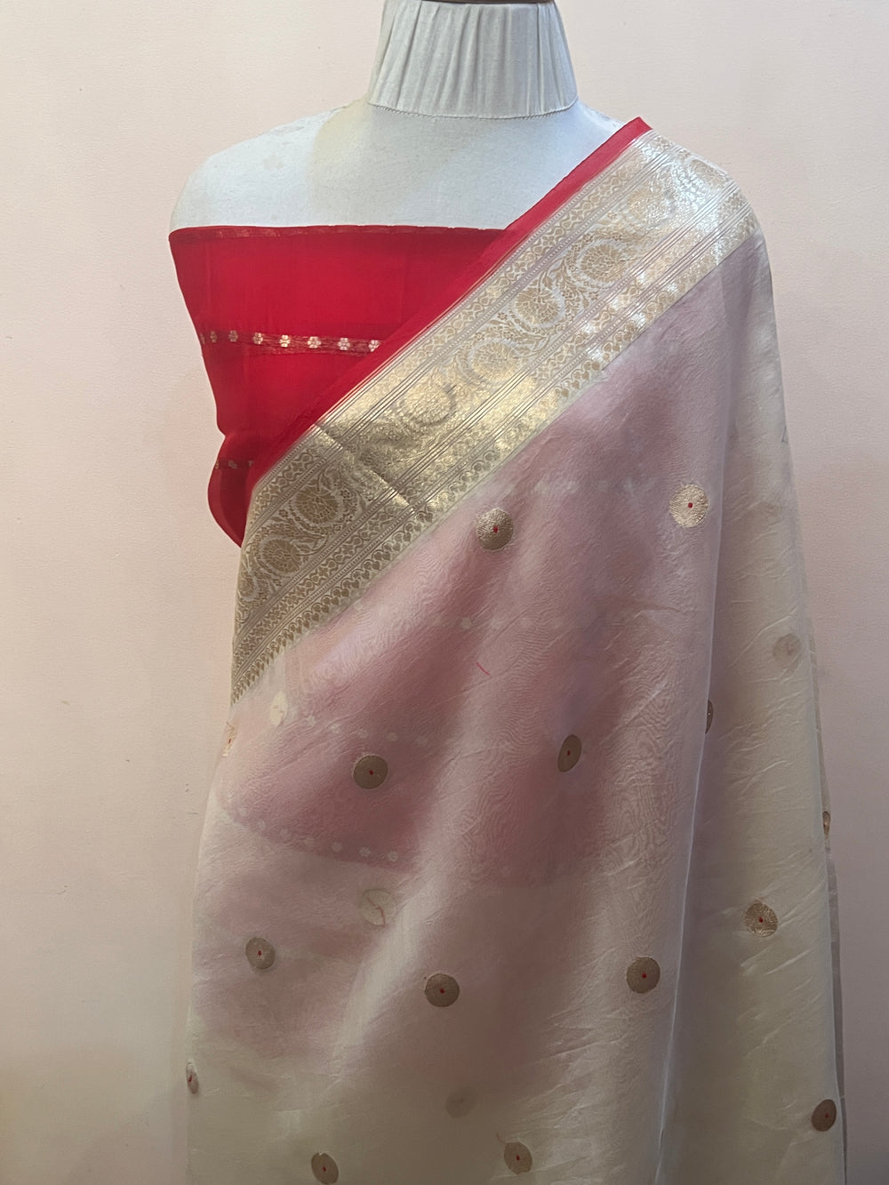 Cream Kora Silk Banarasi Saree with Kadhwa Zari 