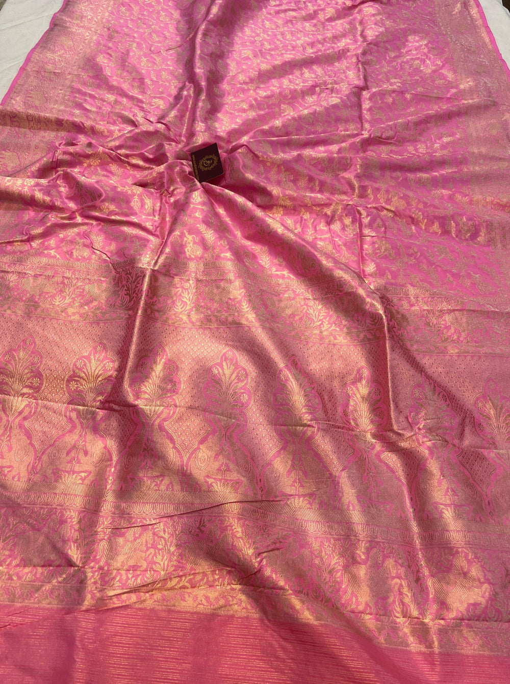 Pure Katan silk Banarasi saree with Shikargaah design, cutwork weaving, and Kadhwa border