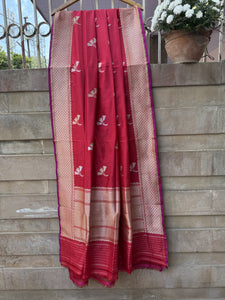 Red Pure Banarasi Handloom Katan Silk Dupatta - Aura Benaras