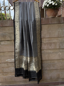 Black Pure Banarasi Handloom Katan Silk Dupatta - Aura Benaras