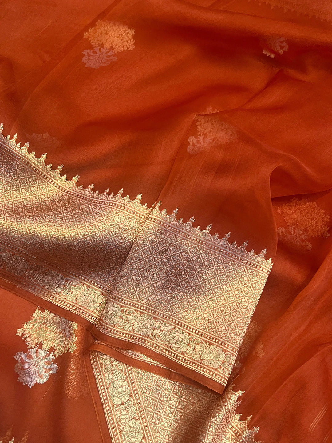 Earthy Orange Pure Kora Silk Handloom Banarasi Saree