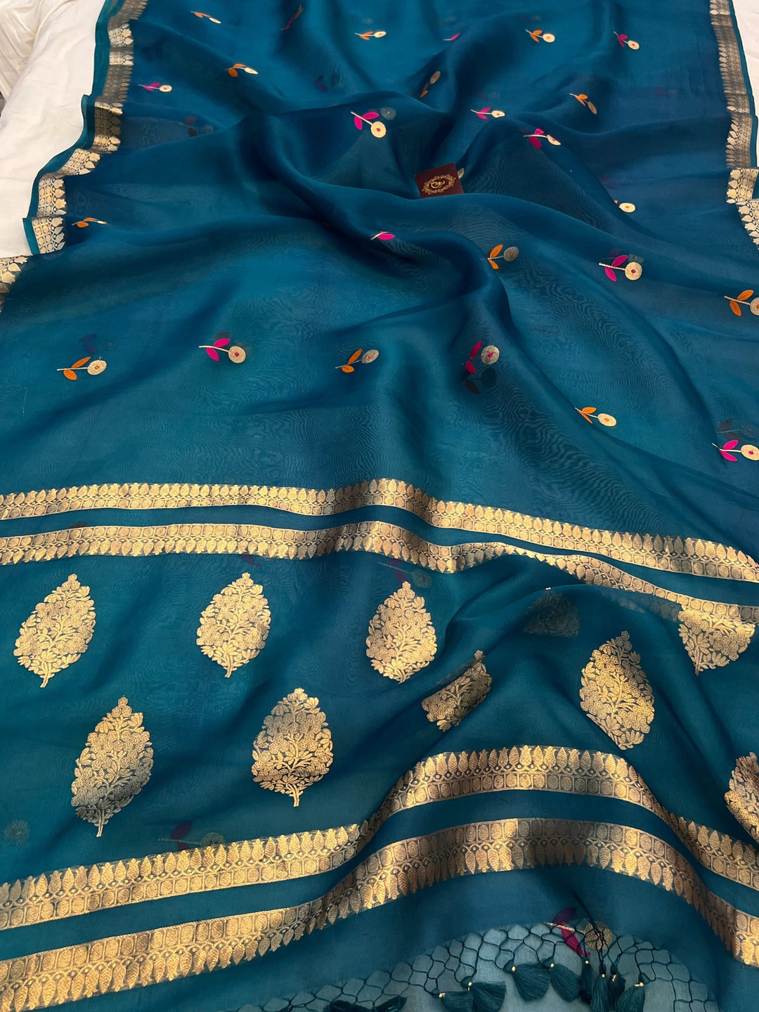 Teal Blue Pure Kora Silk Handloom Banarasi Saree