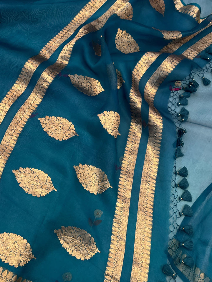 Teal Blue Pure Kora Silk Handloom Banarasi Saree