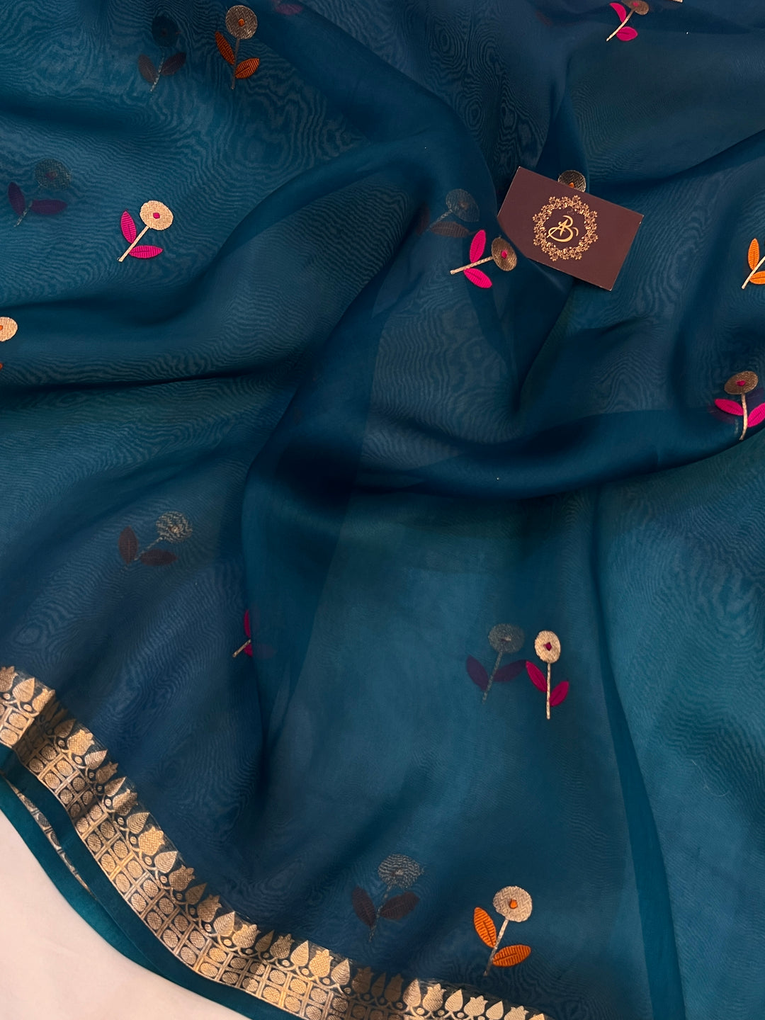 Teal Blue Pure Kora Silk Handloom Banarasi Saree