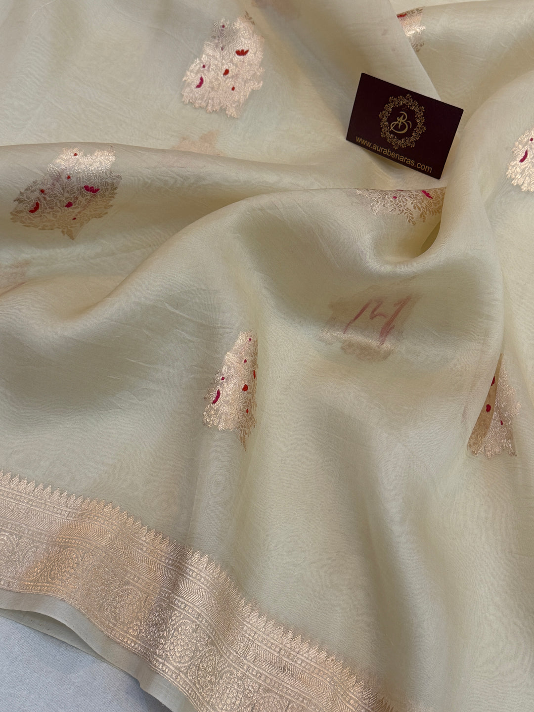 Cream Pure Kora Silk Handloom Banarasi Saree