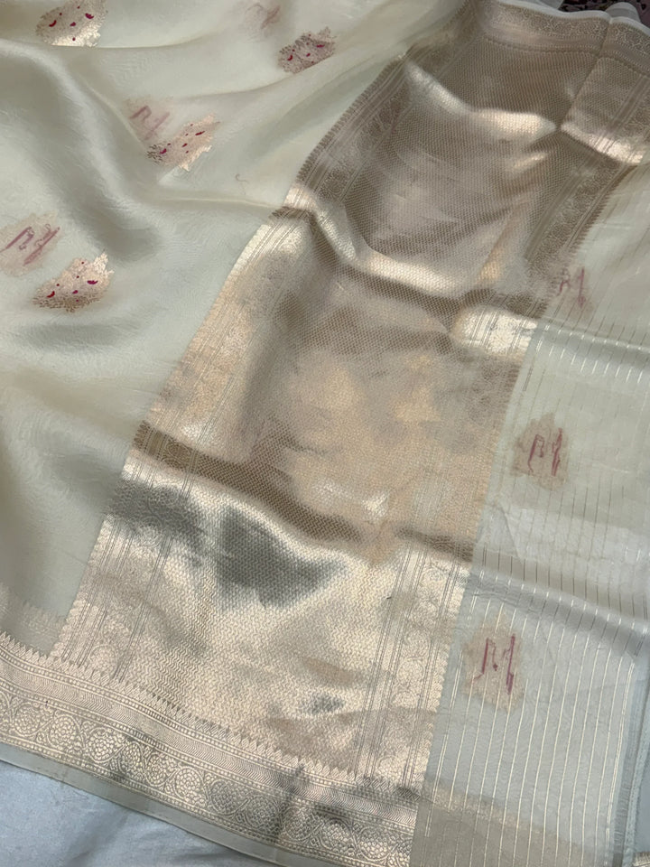 Cream Pure Kora Silk Handloom Banarasi Saree