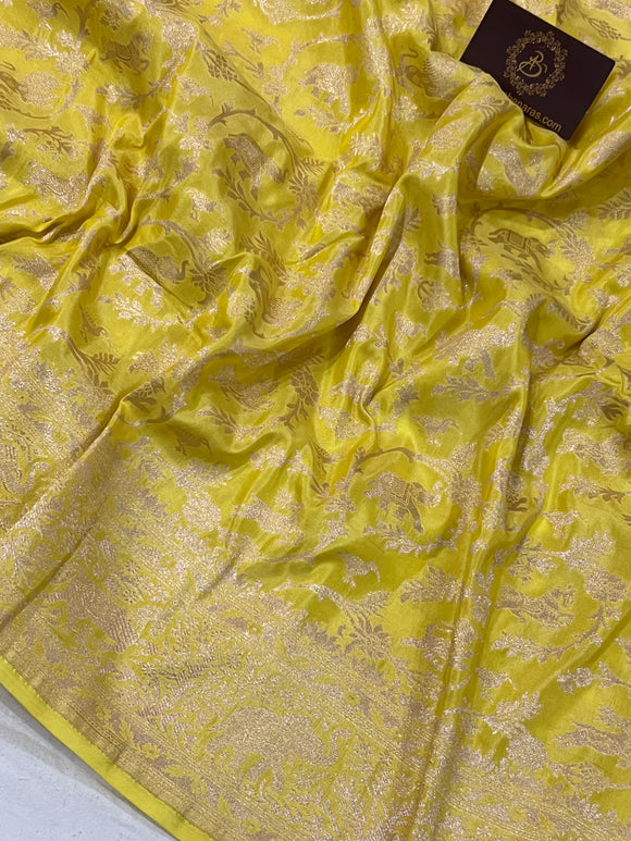 Lemon Yellow Banarasi Handloom Pure Katan Silk Saree - Aura Benaras