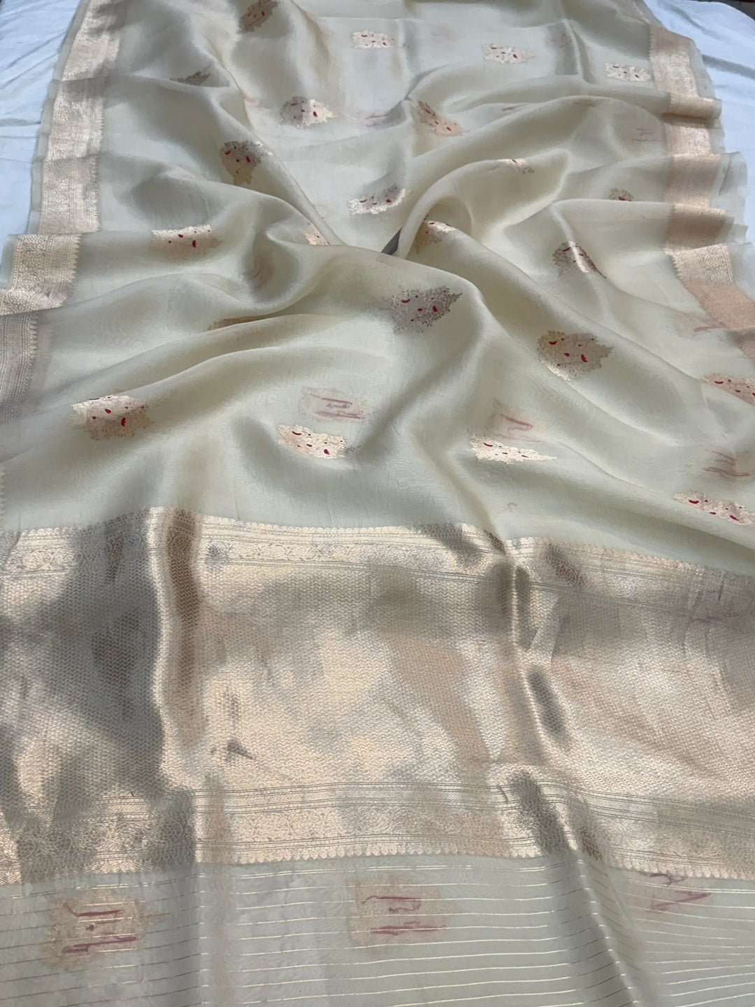 Cream Pure Kora Silk Handloom Banarasi Saree