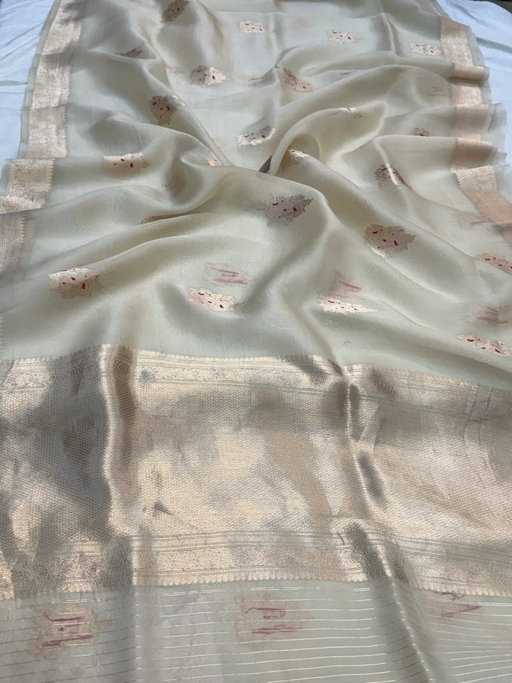 Cream Pure Kora Silk Handloom Banarasi Saree
