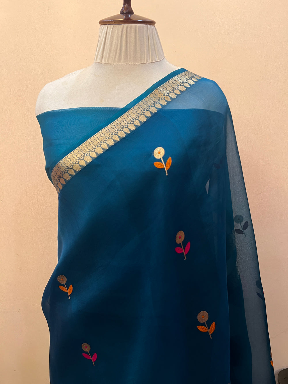 Teal Blue Pure Kora Silk Handloom Banarasi Saree