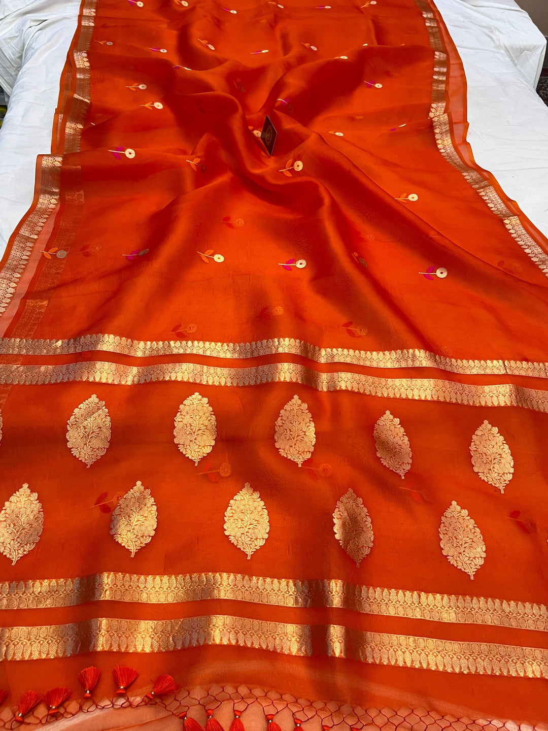 Orange Pure Kora Silk Handloom Banarasi Saree