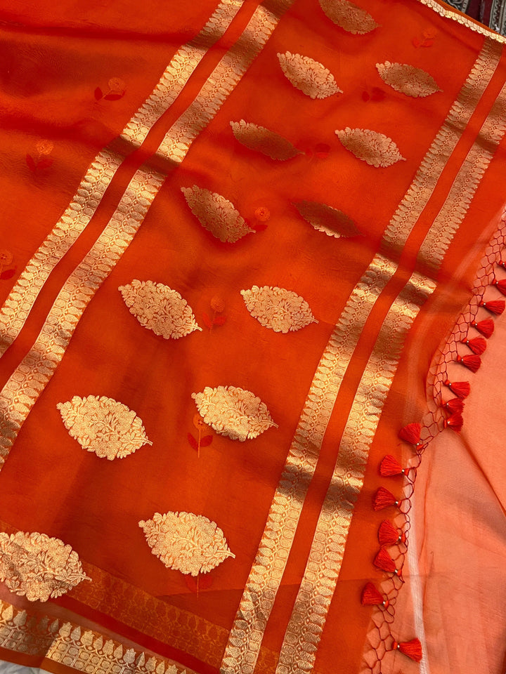 Orange Pure Kora Silk Handloom Banarasi Saree