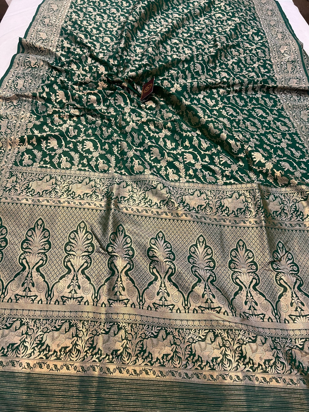 Bottle Green Banarasi Handloom Pure Katan Silk Saree - Aura Benaras