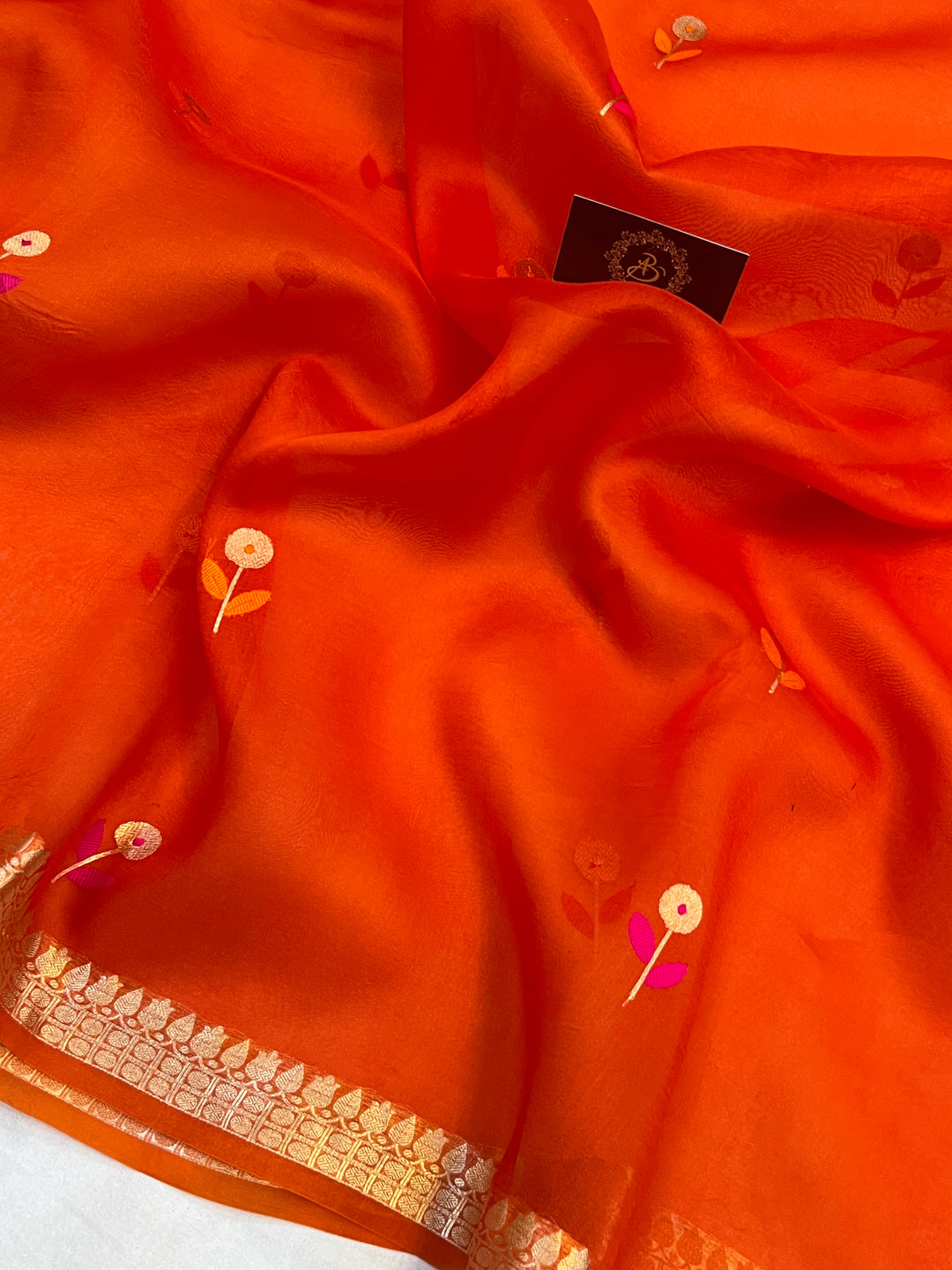 Orange Pure Kora Silk Handloom Banarasi Saree