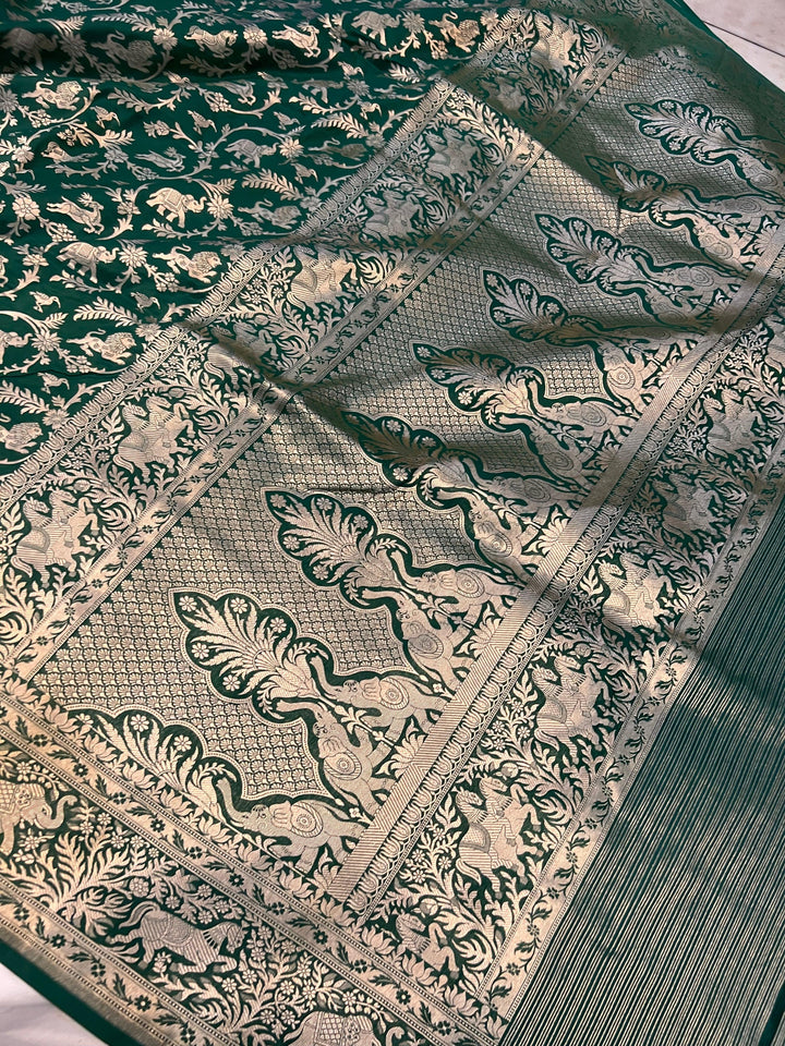Bottle Green Banarasi Handloom Pure Katan Silk Saree - Aura Benaras